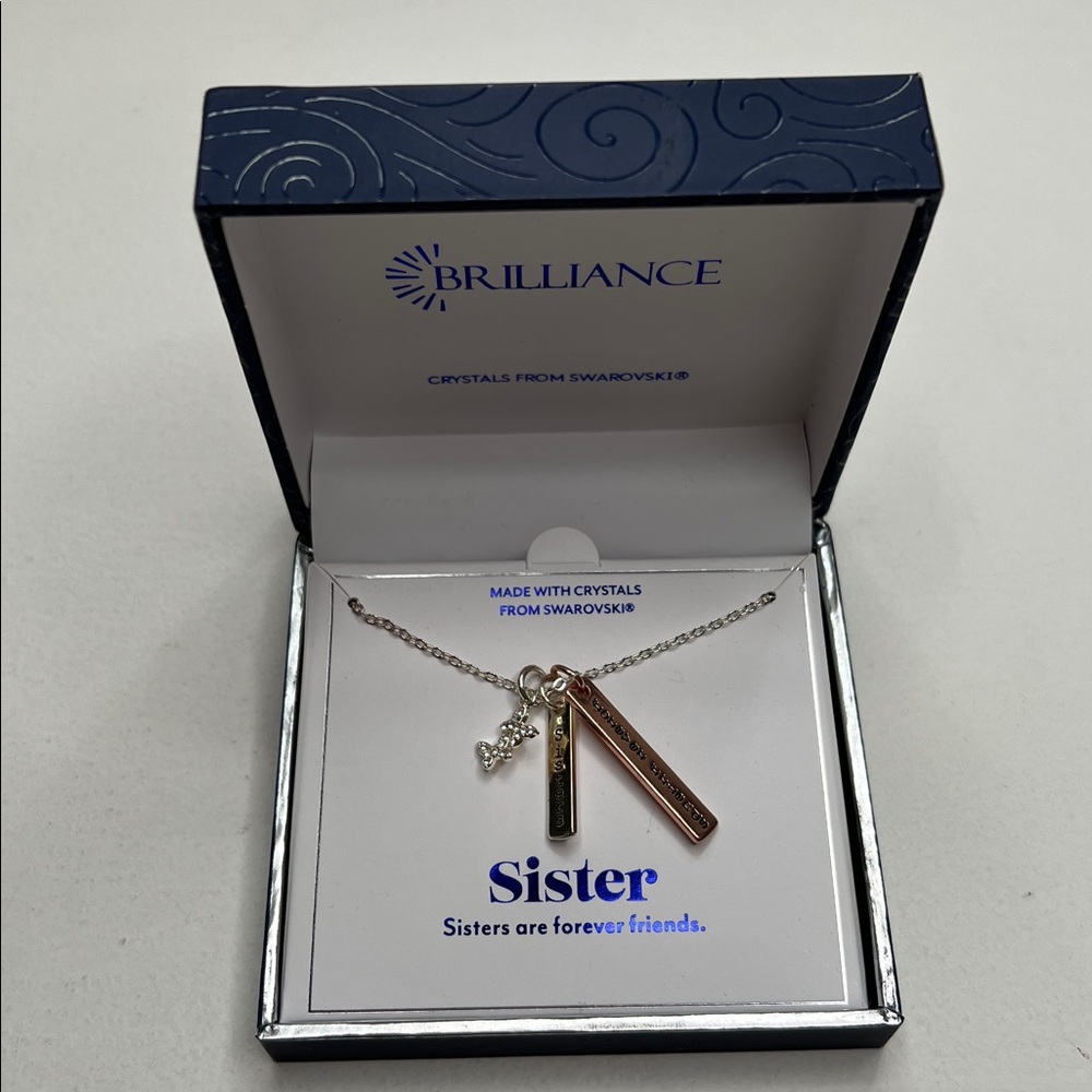 NWT Brilliance Sisters necklace gift with box Swarovski crystals silver plated